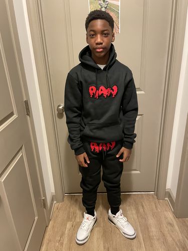 Customer photo review of Kids RAW Drip Red Chenille Hoodie And Jogger Set