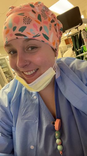 Customer photo review of Scrub Hat - Patterned Pink