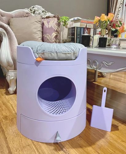 Customer photo review of Mayitwill XL Castle 2 in 1 Front-Entry Cat Litter Box with Scratch Basin, Scoop included, Lilac Purple