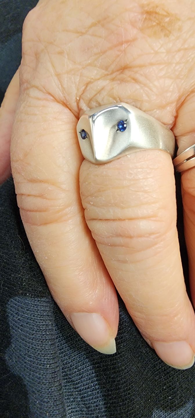 Customer photo review of Owl Ring with Sapphire Eyes