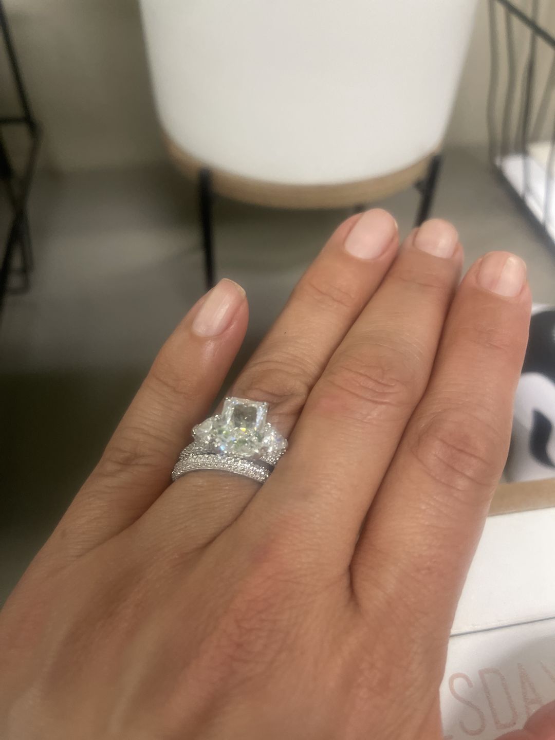 Customer photo review of S925 5.0Ct Radiant Cut & Heart Cut Three Stone Wedding Set In Sterling Silver