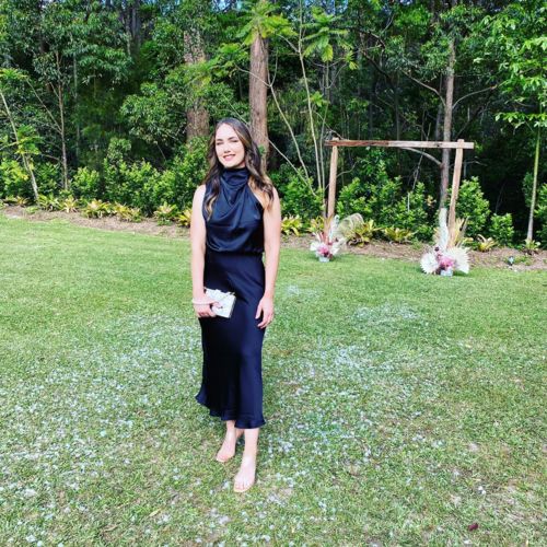 Customer photo review of Perfectly Yours High Neck Elastic Waist  Satin Drape Maxi Dress