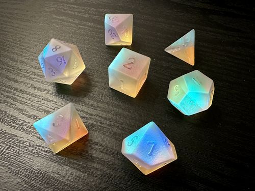 Customer photo review of Raised Fantastic Glass Moon DnD D&D Dice Set
