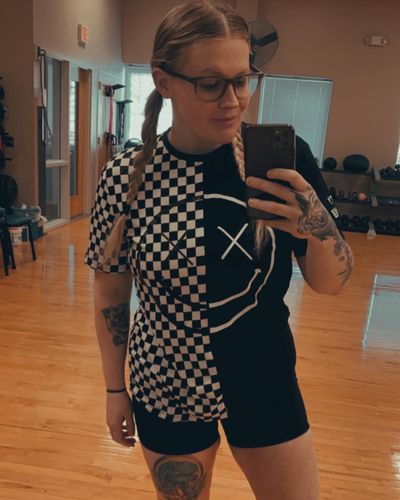 Customer photo review of Salty Savage Unisex( OG Smile )Spliced Checker Tee | Black/White Checkerboard