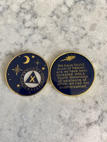 Customer photo review of 1 to 40 Year Rocketed to 4th Dimension Specialty AA Recovery Medallion - Tri-Plated Chip/Coin - Blue