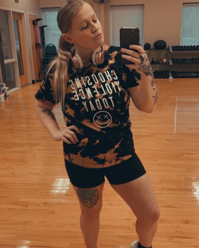 Customer photo review of Salty Savage Unisex “CHOOSING VIOLENCE” Bleached Tie Dye Crew Tee