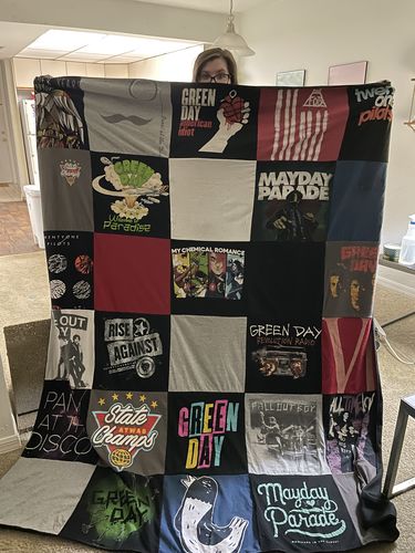 T-shirt quilt with music, pop punk themes by Kathleen from MD