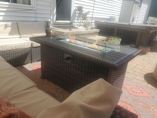 Customer photo review of 44" Outdoor Propane Gas Fire Pit Table 50000 BTU Auto-Ignition w/ Windguard, Glass Stone, Brown