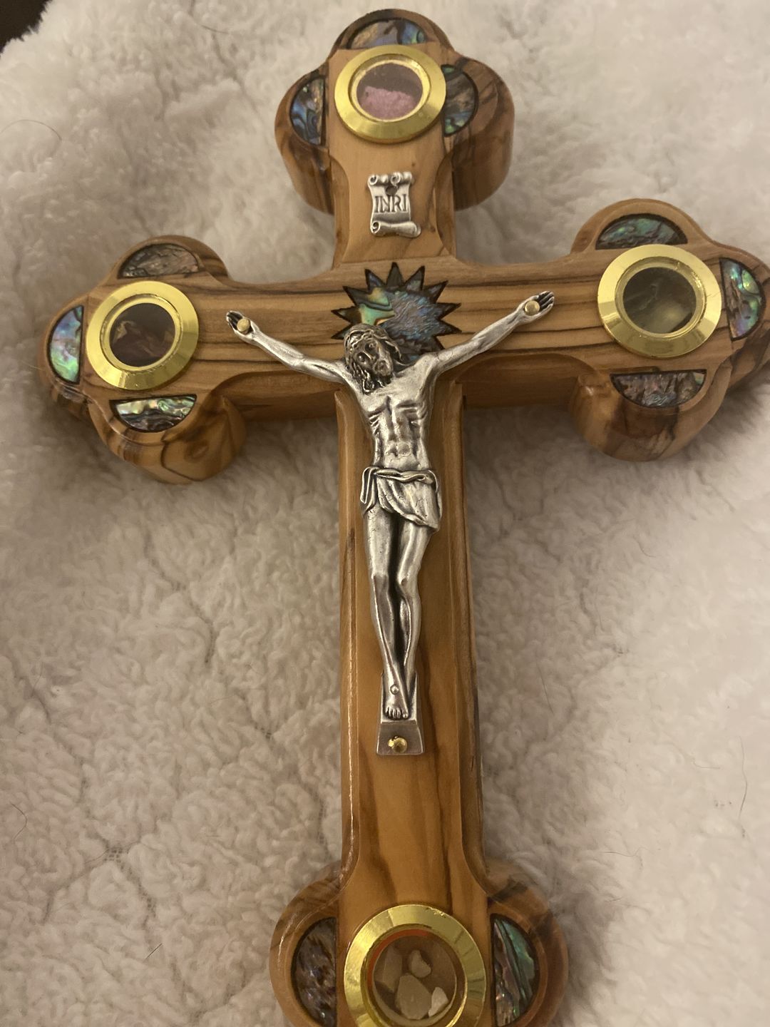 Customer photo review of Olive Wood Crucifix (Partially covered with Mother of Pearl) - Holy Land Crucifixes