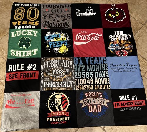 T-shirt quilt with birthday celebrations, family gatherings themes by Sue from CA