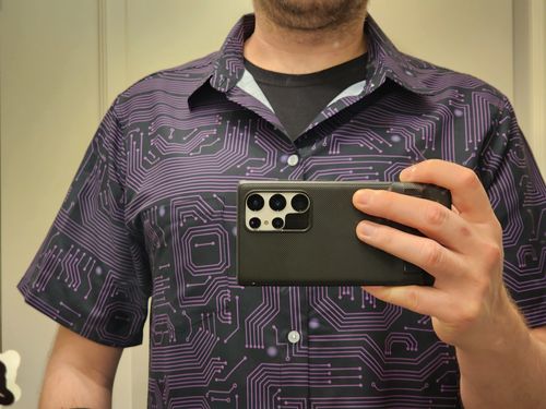 Customer photo review of Purple Computer Circuit Board Button Up Shirt