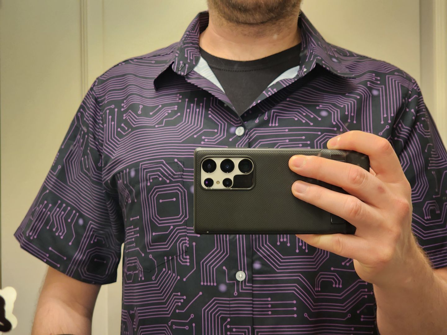 Customer photo review of Purple Computer Circuit Board Button Up Shirt