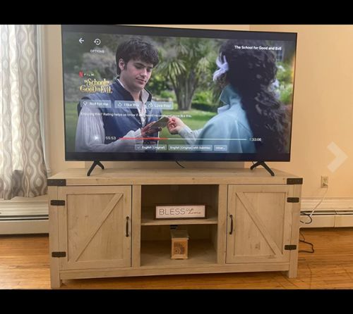 Customer photo review of 58 Inch Double Barn Door Wood TV Cabinet for TV's up to 65" Brown