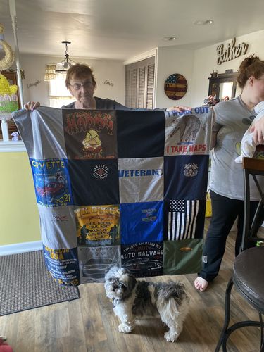 T-shirt quilt with veterans, automobile themes by Edna from PA