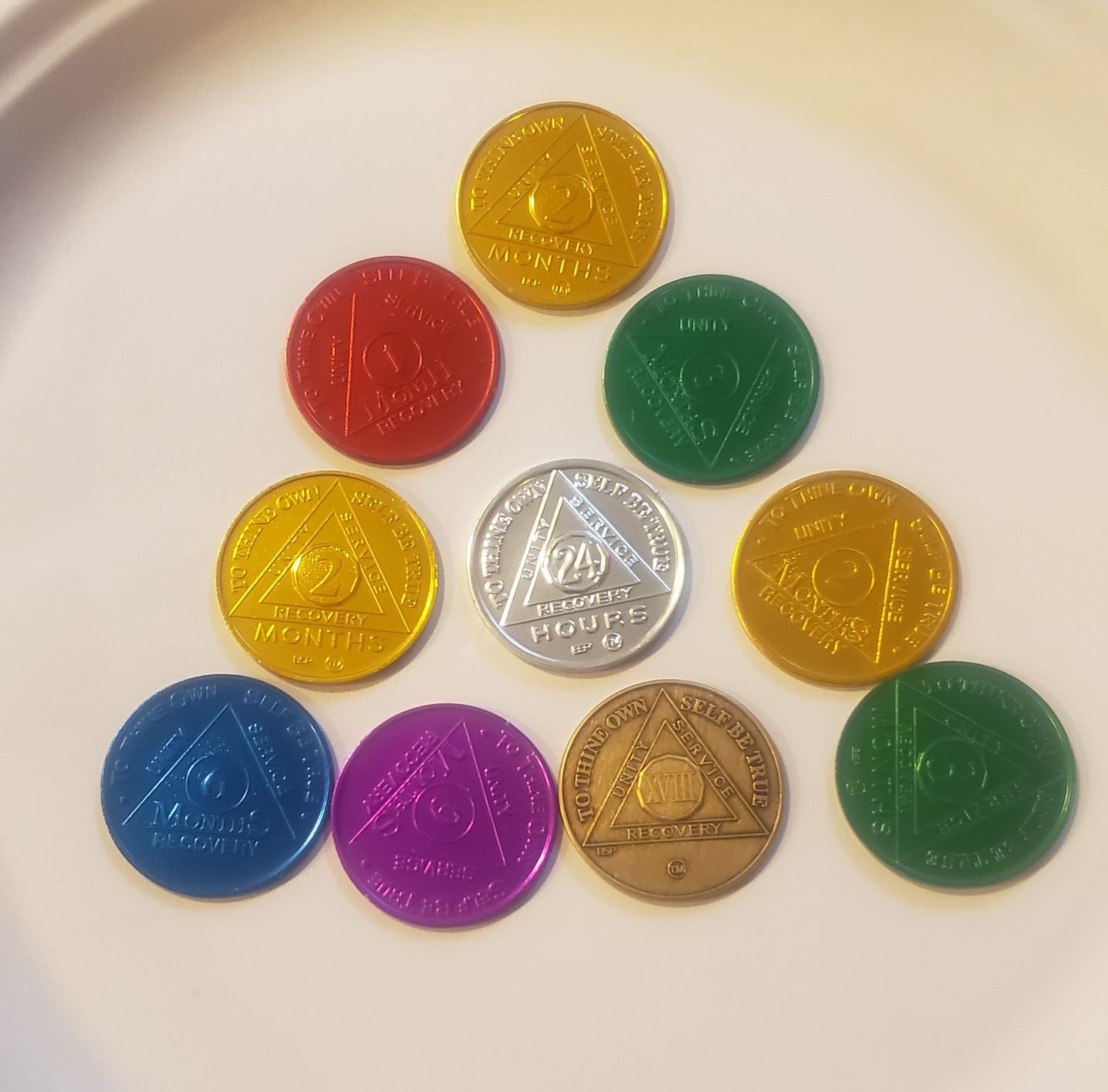 Customer photo review of Sobriety Mint Infinity Aluminum AA Meeting Newcomer Sobriety Chips/Coins/Tokens - 9 Months - Green