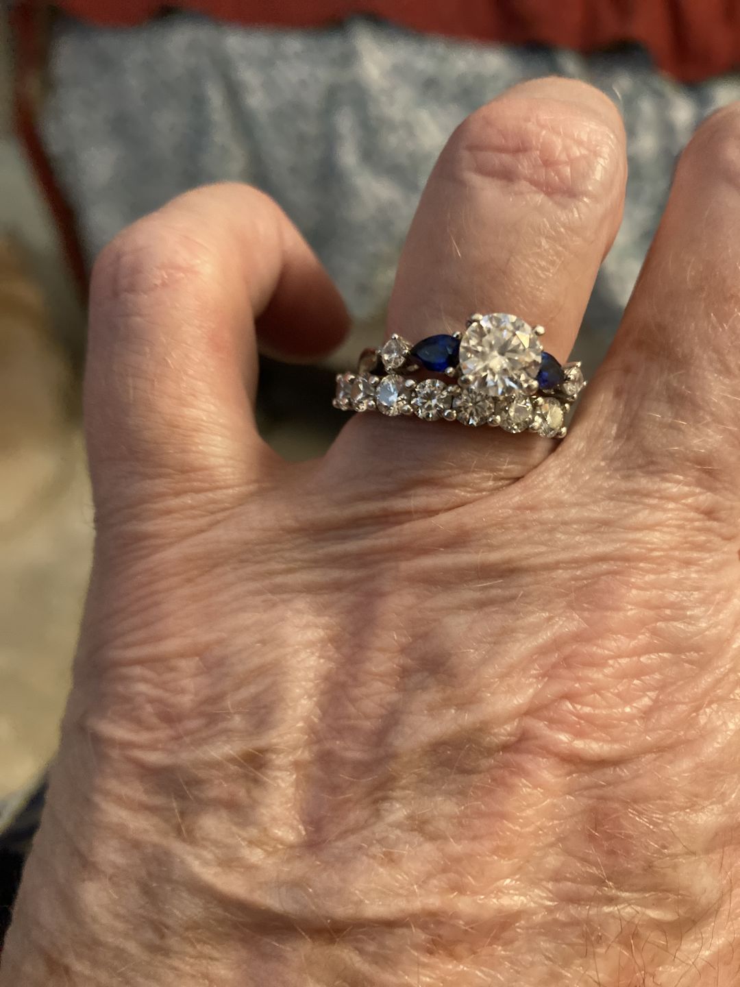 Customer photo review of Five Stone Moissanite And Sapphire Engagement Ring