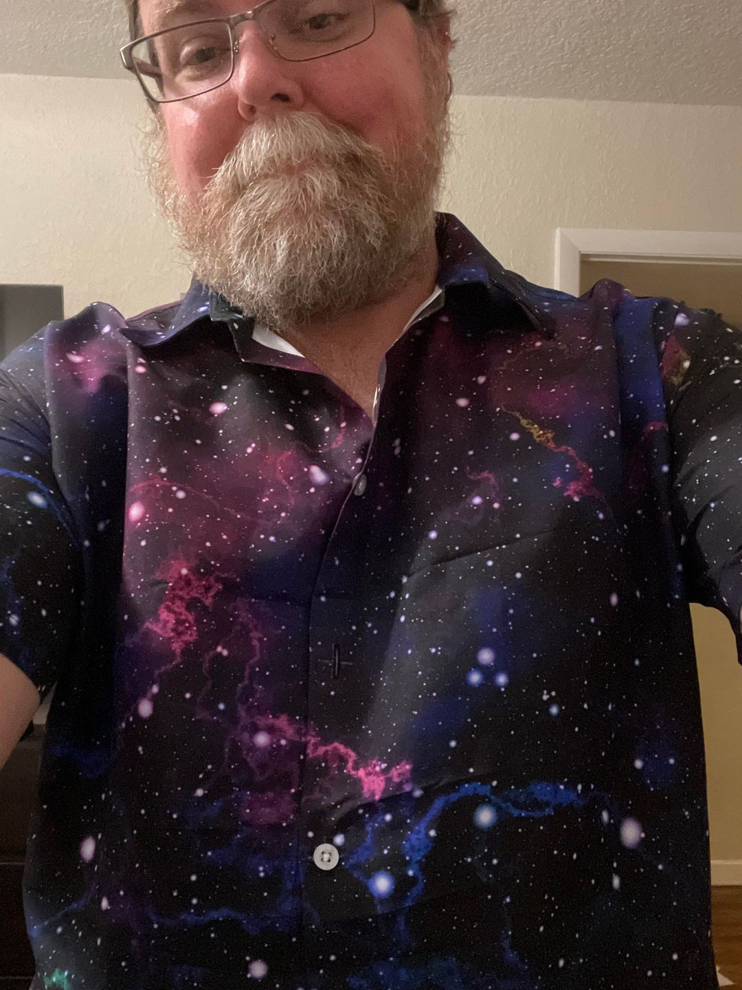 Customer photo review of Beautiful Nebula Outer Space Button Up Shirt