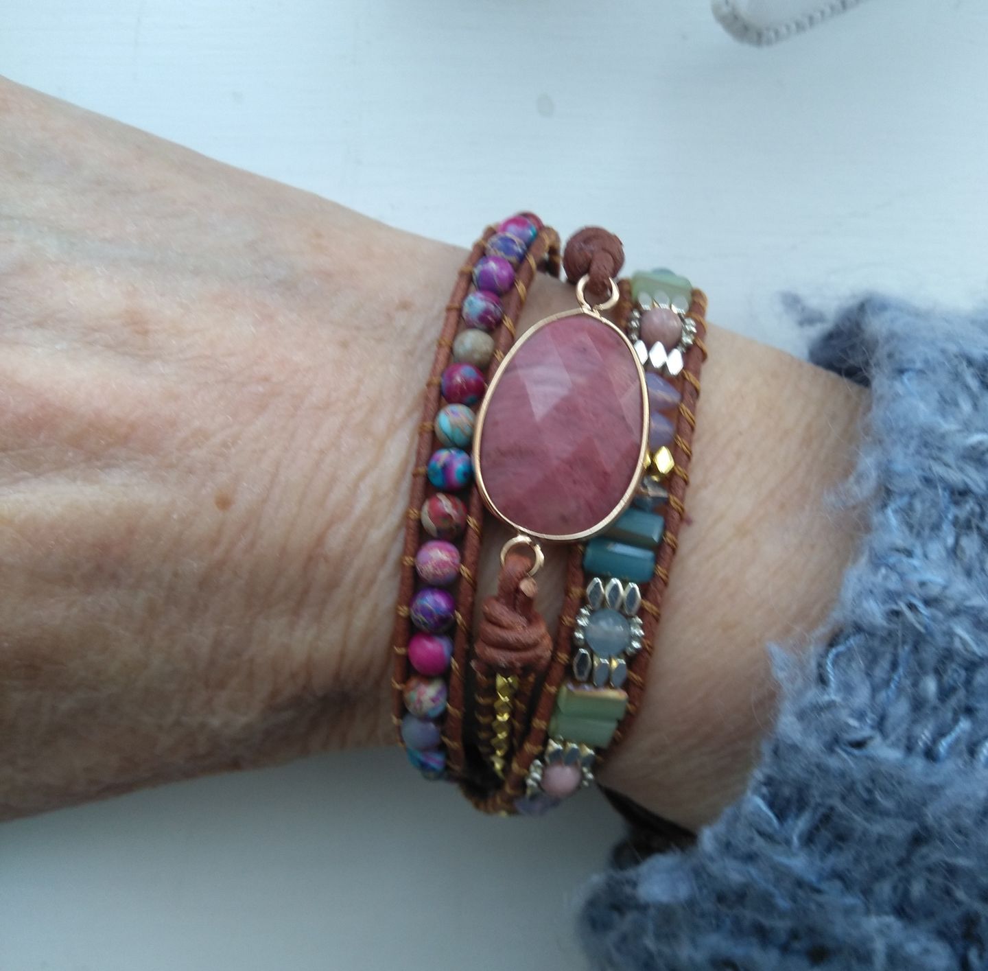 Customer photo review of Natural Rhodonite & Jasper Wrap Bracelet