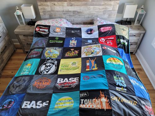T-shirt quilt with triathlons, obstacle courses themes by Richard from FL