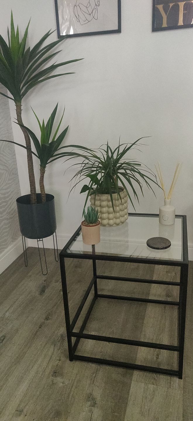 Customer photo review of Glass Metal Side End Table Matte Black Frame