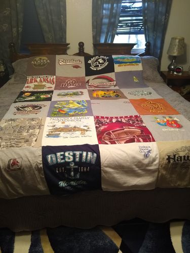 T-shirt quilt with travel, family gatherings themes by Judie from AR