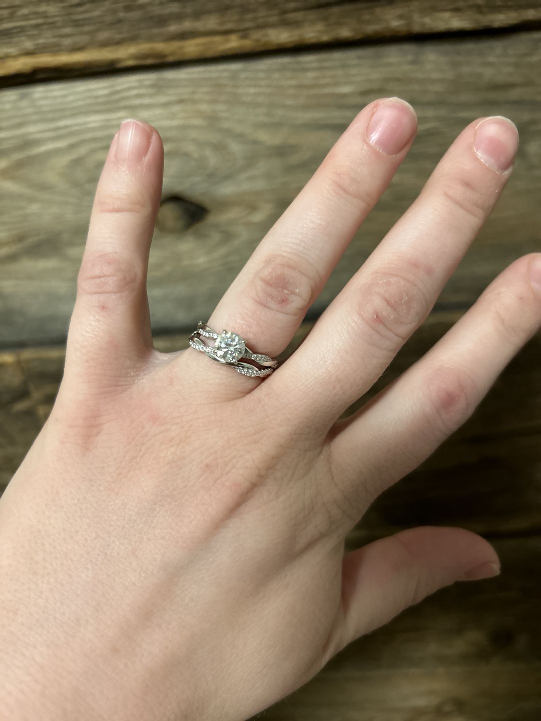 Customer photo review of Twisted Vine Moissanite Half Eternity Wedding Band Stackable Ring