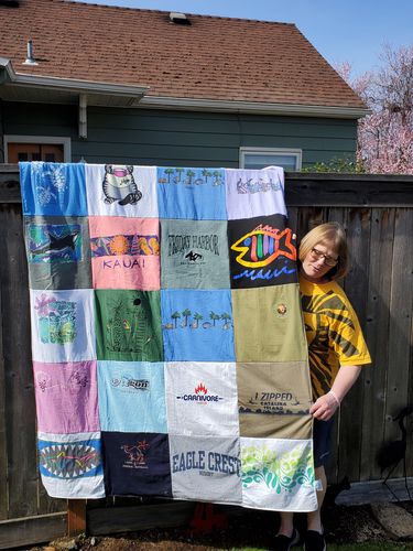 T-shirt quilt with traveling, outdoor activities themes by Heather from OR