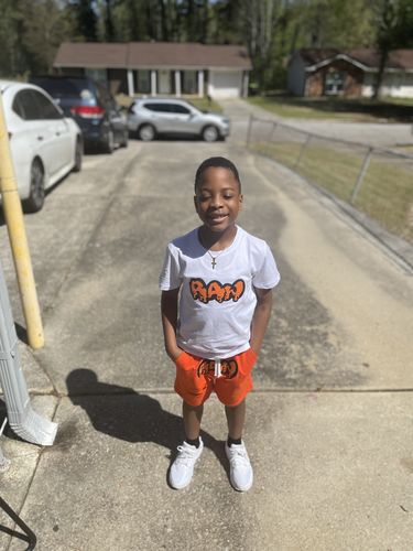 Customer photo review of Kids RAW Drip Orange Chenille Crew Neck and Cotton Shorts Set - White Tees / Orange Shorts