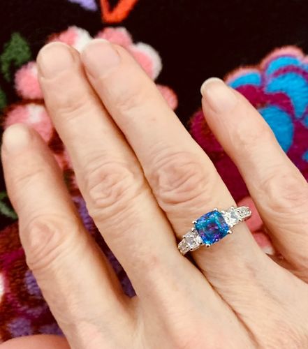 Customer photo review of 3-Stone Kaleidoscope Purple Aqua CZ Ring in Sterling Silver 2ct