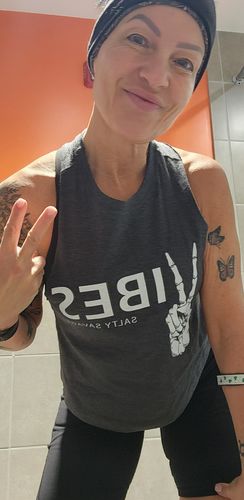 Customer photo review of Salty Savage Ladies "VIBES" Flowy Crop Tank