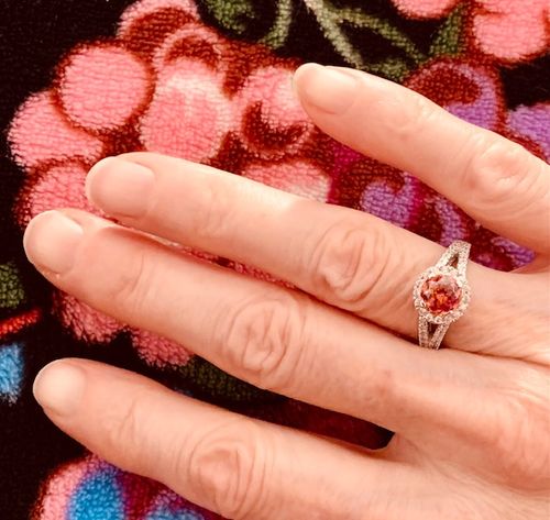 Customer photo review of Halo Red Orange CZ Split Shank Ring in Sterling Silver