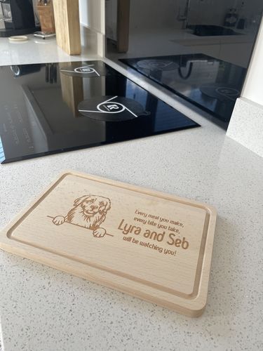 Customer photo review of Personalised Chopping Board - Dog Breed & Name