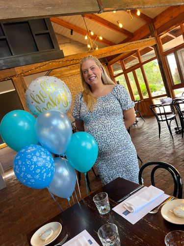 Customer photo review of Confetti Shirred Maternity Dress in Blue