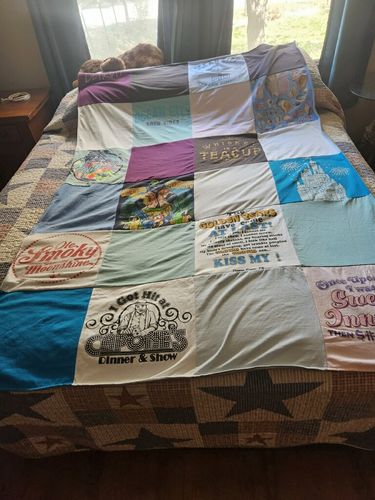 T-shirt quilt with cooking, traveling themes by Carolyn from VA