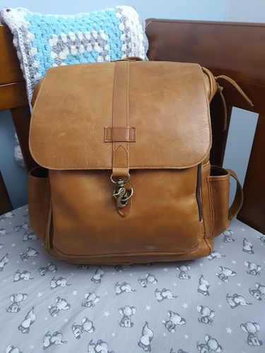 Customer photo review of Sale Oscar Leather Baby Backpack