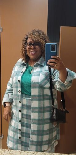 Customer photo review of Pink and Green plaid flannel Shacket