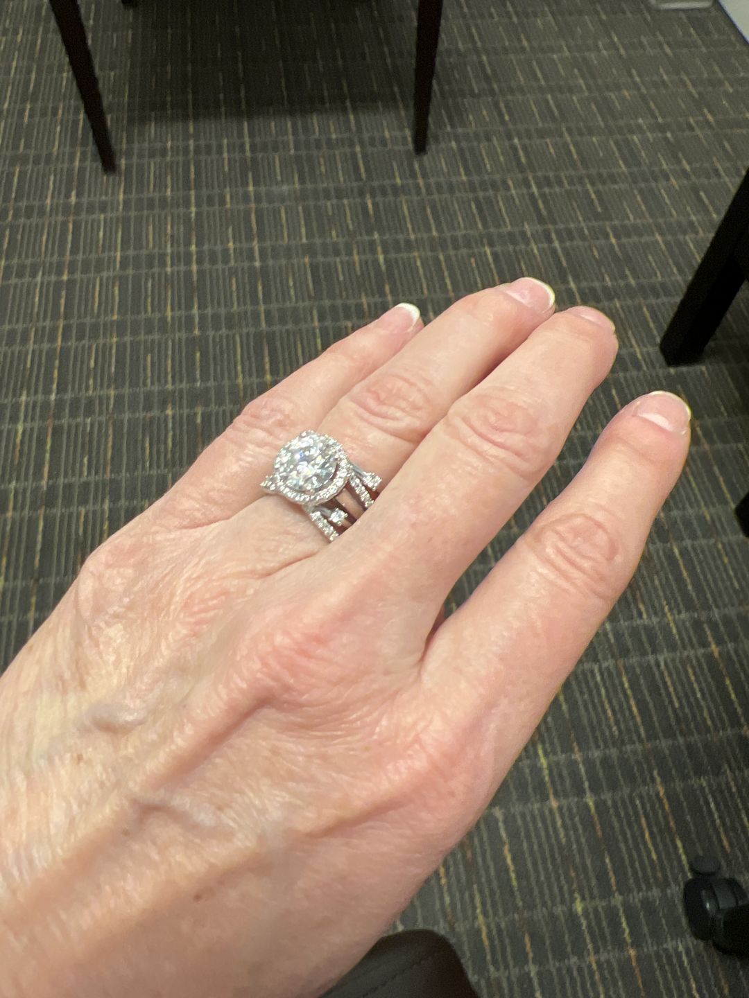 Customer photo review of Halo Moissanite With Enhancer Cross Shank Bridal Engagement Ring Set