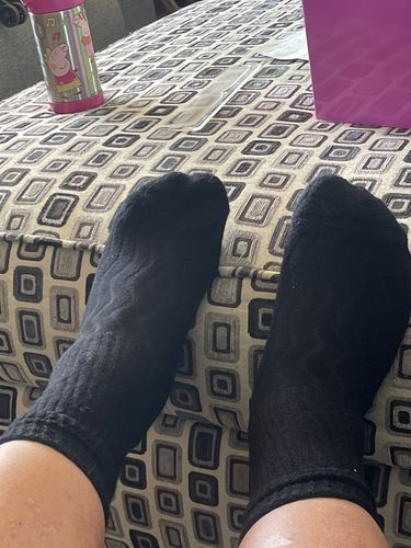 Customer photo review of Wide non-binding  crew seamless toe Bamboo socks, air vent with cushion sole, 6 pairs