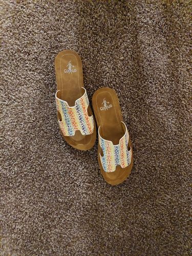 Customer photo review of Corky's Rainbow Leopard Bogalusa Sandals