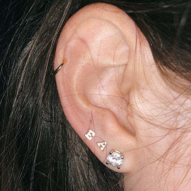 Customer photo review of 14k Solid Gold Initial Earrings
