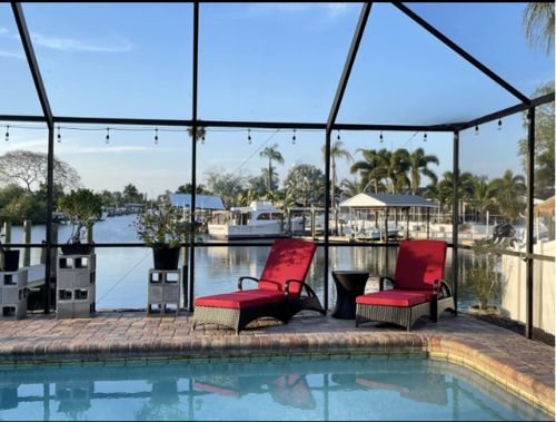 Customer photo review of Outdoor Lounge Chaise Chairs Black Rattan Lounger with Red Cushion & Armchairs