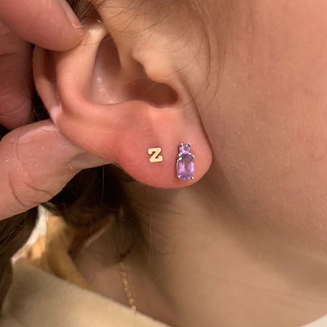 Customer photo review of 14k Solid Gold Initial Earrings