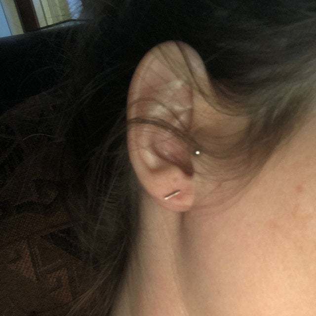 Customer photo review of 14k Solid Gold Tiny Bar Earrings