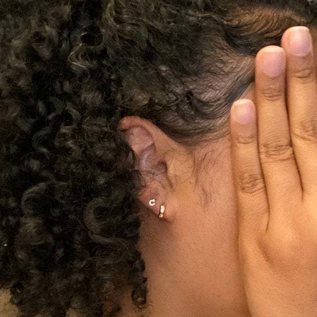 Customer photo review of 14k Solid Gold Initial Earrings