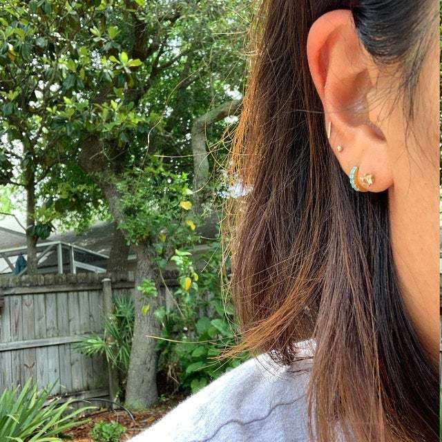 Customer photo review of 14k Solid Gold Tiny Bar Earrings