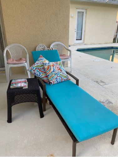 Customer photo review of Patio Rattan Chaise Lounge Chairs Adjustable Poolside Loungers w/ Blue Cushion