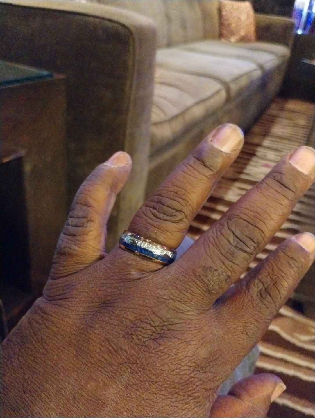 Customer photo review of 8mm- ROSE GOLD TUNGSTEN ARROW RING W/ BLUE LAPIS LAZULI, FAUX METEORITE,