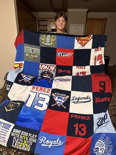 T-shirt quilt featuring strikers, royals by Garnet from TX