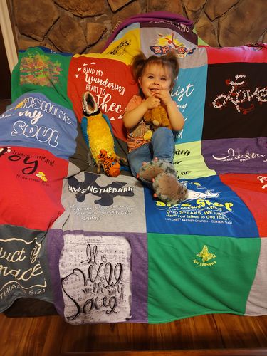 T-shirt quilt with seeking spirituality, self-discovery themes by Connie from TX