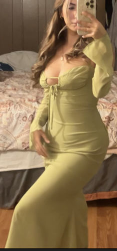 Customer photo review of Low cut halter off shoulder long flared sleeve midi dress